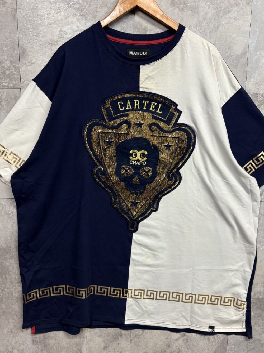 Makobi Cartel El Chapo T Shirt Men's 3XB White Navy Gold Sequin Y2K Big Tall